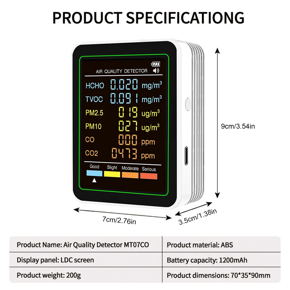 6-in-1 Air Quality Meter Real-Time Formaldehyde TVOC PM2.5 PM10 Carbon Dioxide CO Tester HCHO Detector for Office School & Hotel