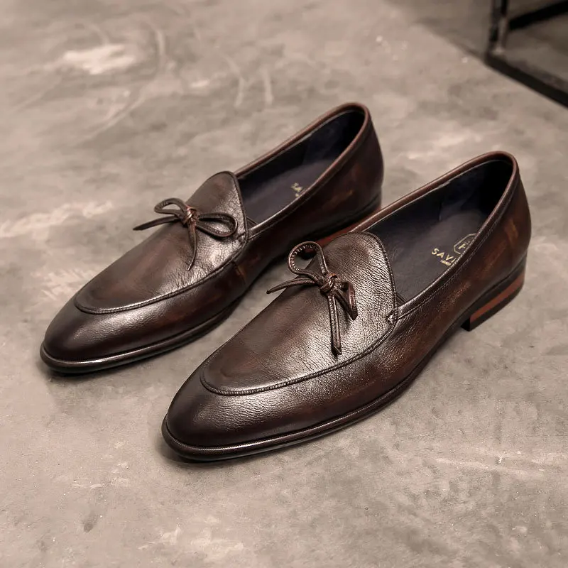 Genuine Leather Men Loafers Handmade Square Toe Butterfly-knot  Solid Handmade  Zapatos De Vestir Hombre 2