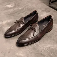 Genuine Leather Men Loafers Handmade Square Toe Butterfly-knot  Solid Handmade  Zapatos De Vestir Hombre 2
