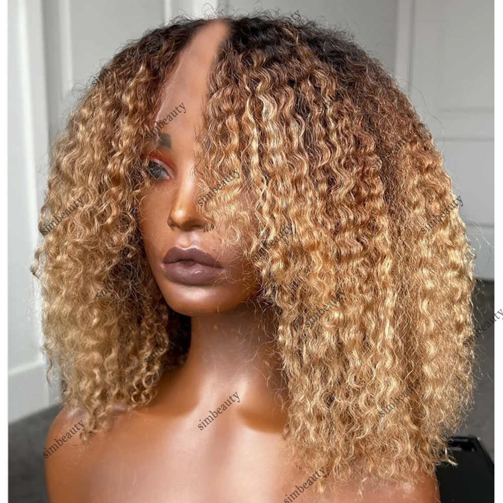 

Ombre Honey Blonde V Part Wigs With Clips for Black Women Remy 100% Human Hair Brown Kinky Curly U Part Wig 1x4 Open