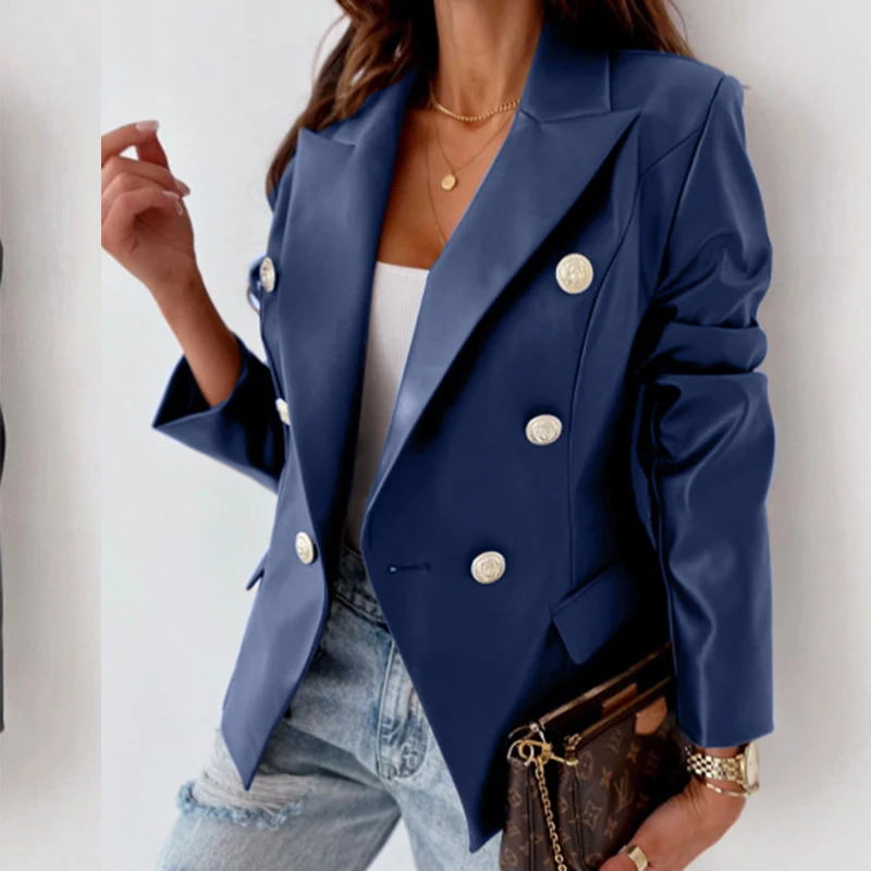

PU suit Autumn winter Buttons Casual Thin Jacket Vintage Tops Women Fashion Long Sleeve Slim Ladies Jackets Coat blue men suit
