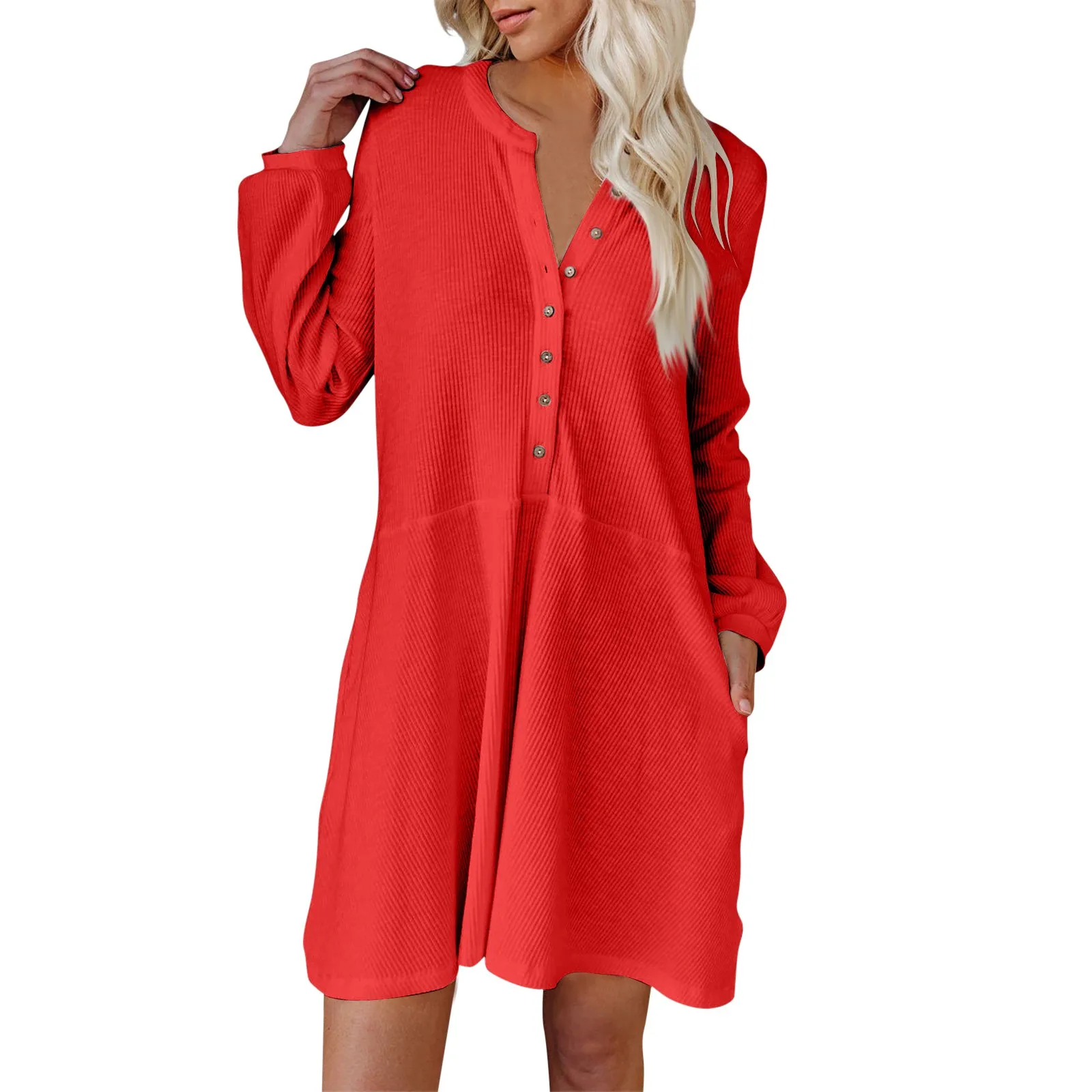 

Women'S Long Sleeve Dress Spring Autumn Fashionable Casual Solid Color V-Neck Button-Down Dress Loose Pit Strips Pocket Dress