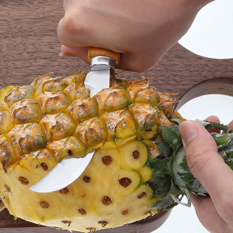 Pineapple Slicer Fruit Knife Household Wooden Handle Curved Knife Stainless Steel Fruit Knife Peeling Knife Melon