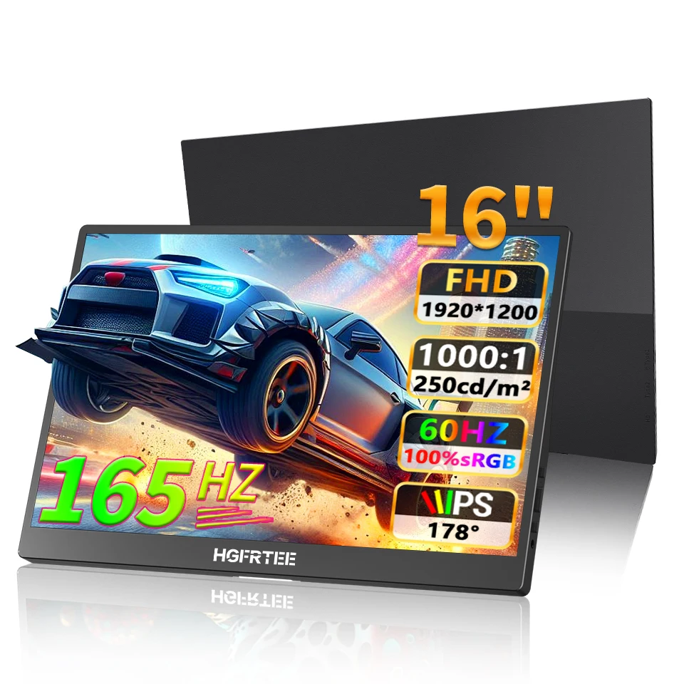 HGFRTEE 16인치 휴대용 모니터 165Hz 100%sRGB Type-C HDMI 호환 스위치 노트북 Xbox PS4/5용 확장 디스플레이