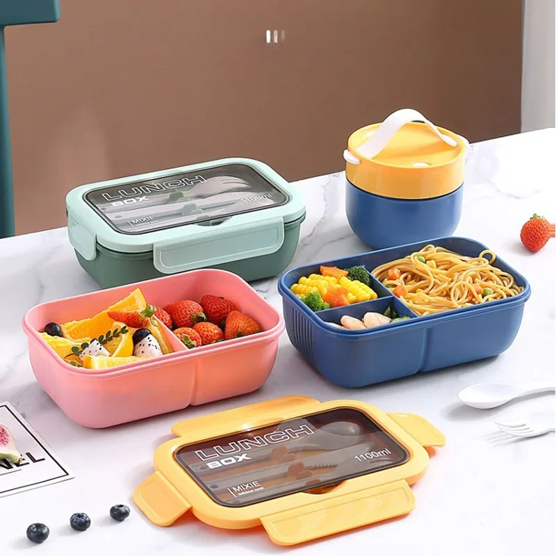 Lunch Box For Adults and Student 3 Grids Leakproof Microwaveable Seal Bento Box With Fork Spoon and Knife 1100ML bento lunch box food lunch box lunch box