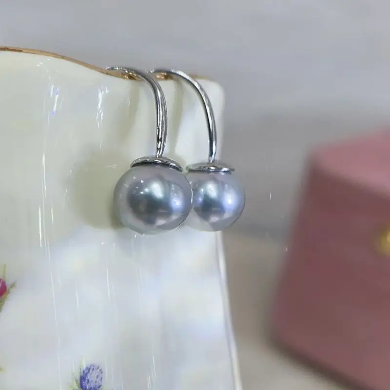 

HENGSHENG 8-9mm Akoya Silver Blue Pearl Women's Drop Earrings Fine Round Pearl Classic Earrings 925 Sterling Silver Jewelry Gift