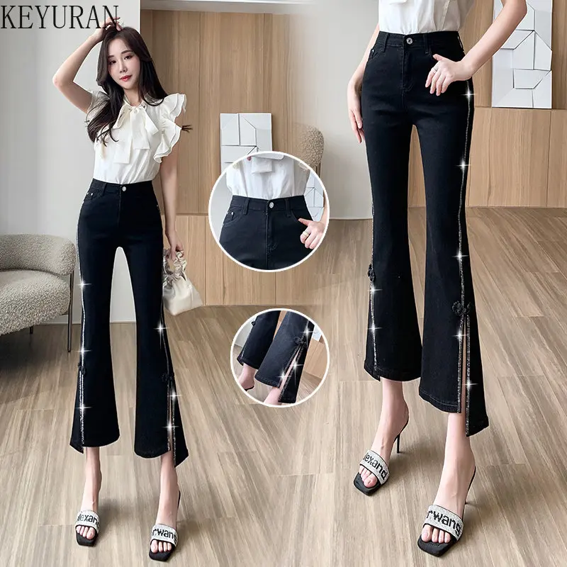 

Hot Drill Black Flare Jeans Women Vintage Korean Style Autumn Solid High Waist Denim Pants Street Casual Slim All-match Trousers