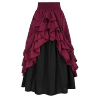 Casual Dual Layer Skirt Button Renaissance Costume Women Back Double Ruffle Long Shirring Skirt Waist Elastic Band Maxi Length - Image 5