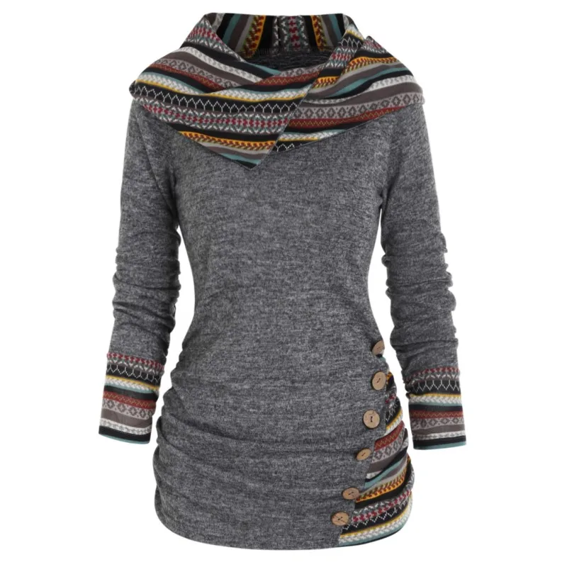 

Fashion Hoodie For Women Unique Stacked Collar Winter Long Sleeve Knitted Top Gothic Geometric Stripe Button Autumn Sweater