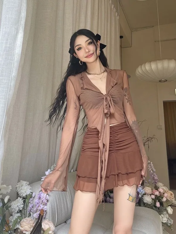 Long Flare Sleeve Blouses for Women Lace-up Mesh Sexy
