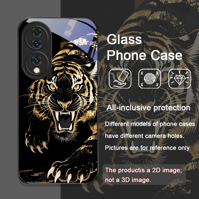 Fashion Animal Tiger Flame Printed Tempered Glass Phone Case