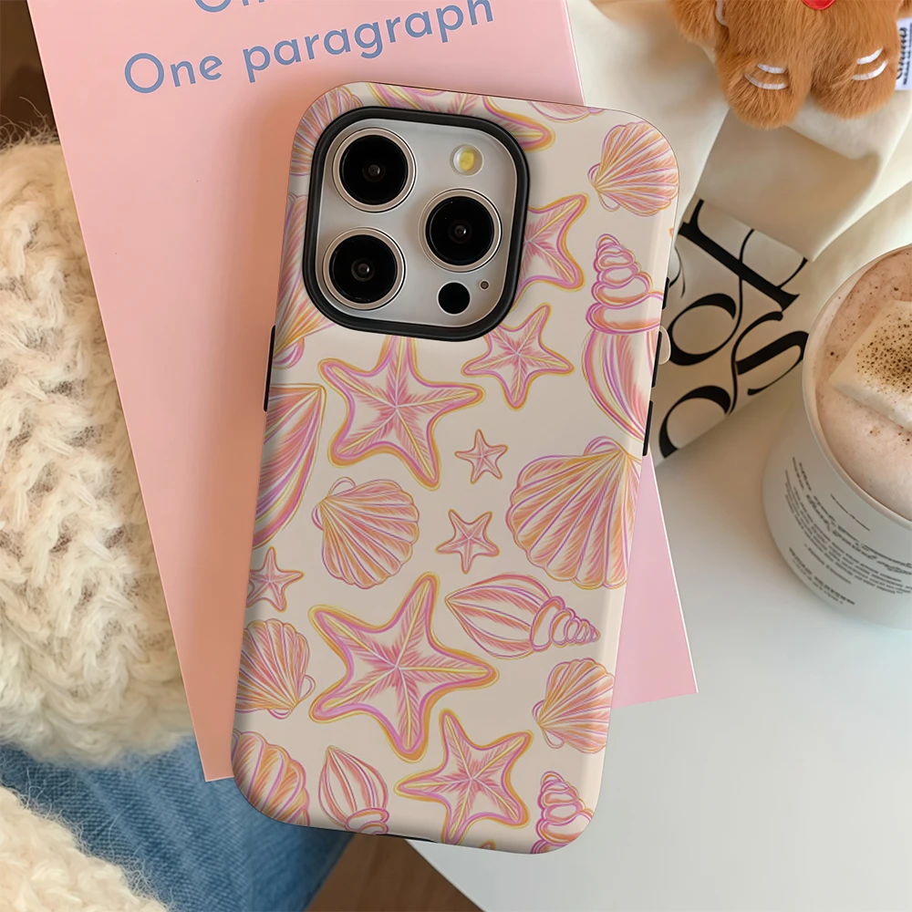 Luxury Double-Layer Phone Case with Pastel Sea Shells and Starfish Design