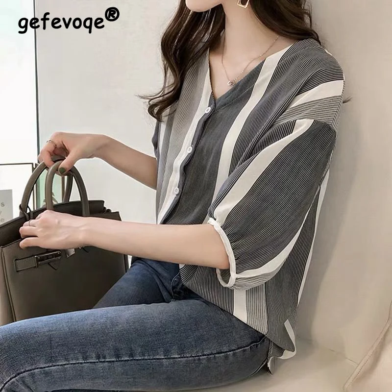 

2023 Summer Vintage Striped Print Loose Casual Cotton Shirt Female Half Sleeve Comfortable All-match Cardigan Top Women Blouse