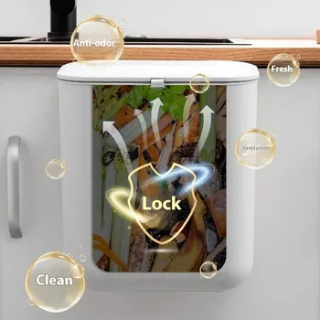 ถังขยะในครัวโดยไม่ต้องเจาะที่จับพร้อมฝาปิด ฝาเปิดสองทาง ติดผนังตะกร้ากระดาษ PP หลอดเก็บของในครัวเรือนกล่อง 2