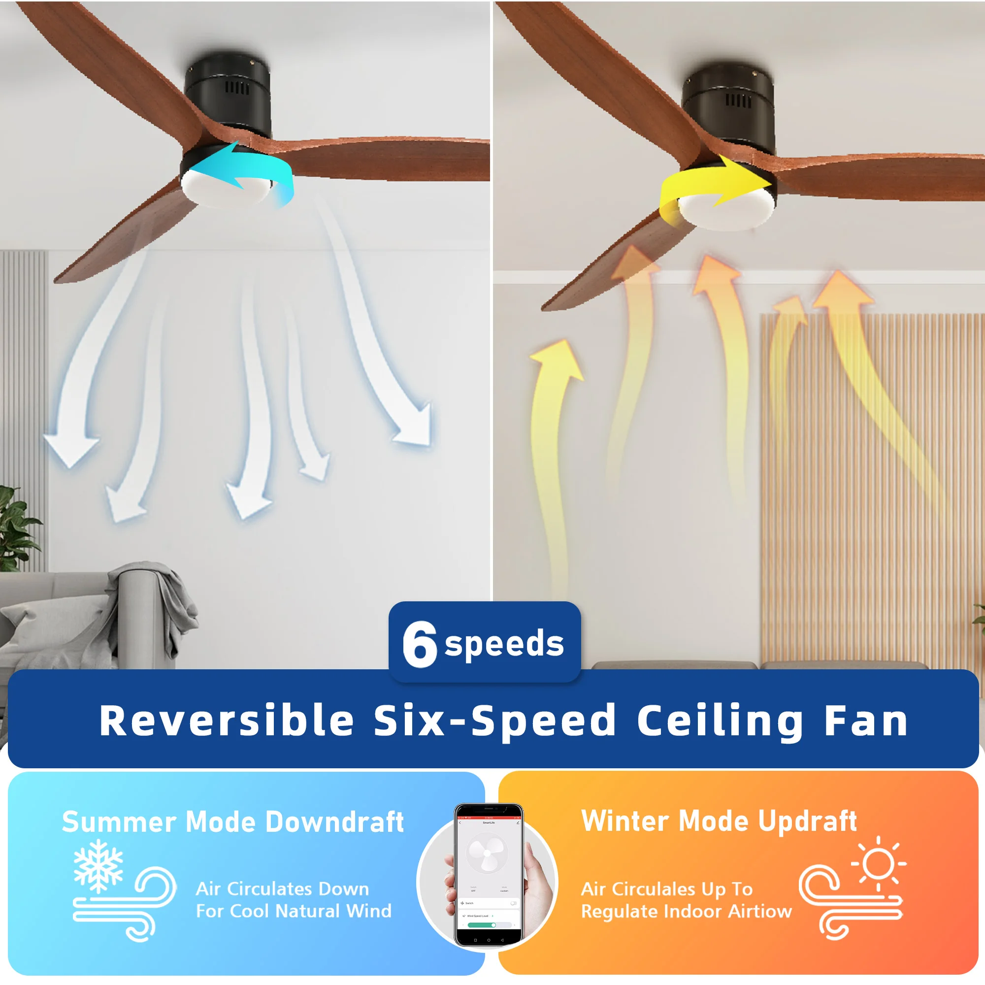 52 Inch Low Profile Ceiling Fan with Light and Remote 3 Blades Smart Ceiling Fan