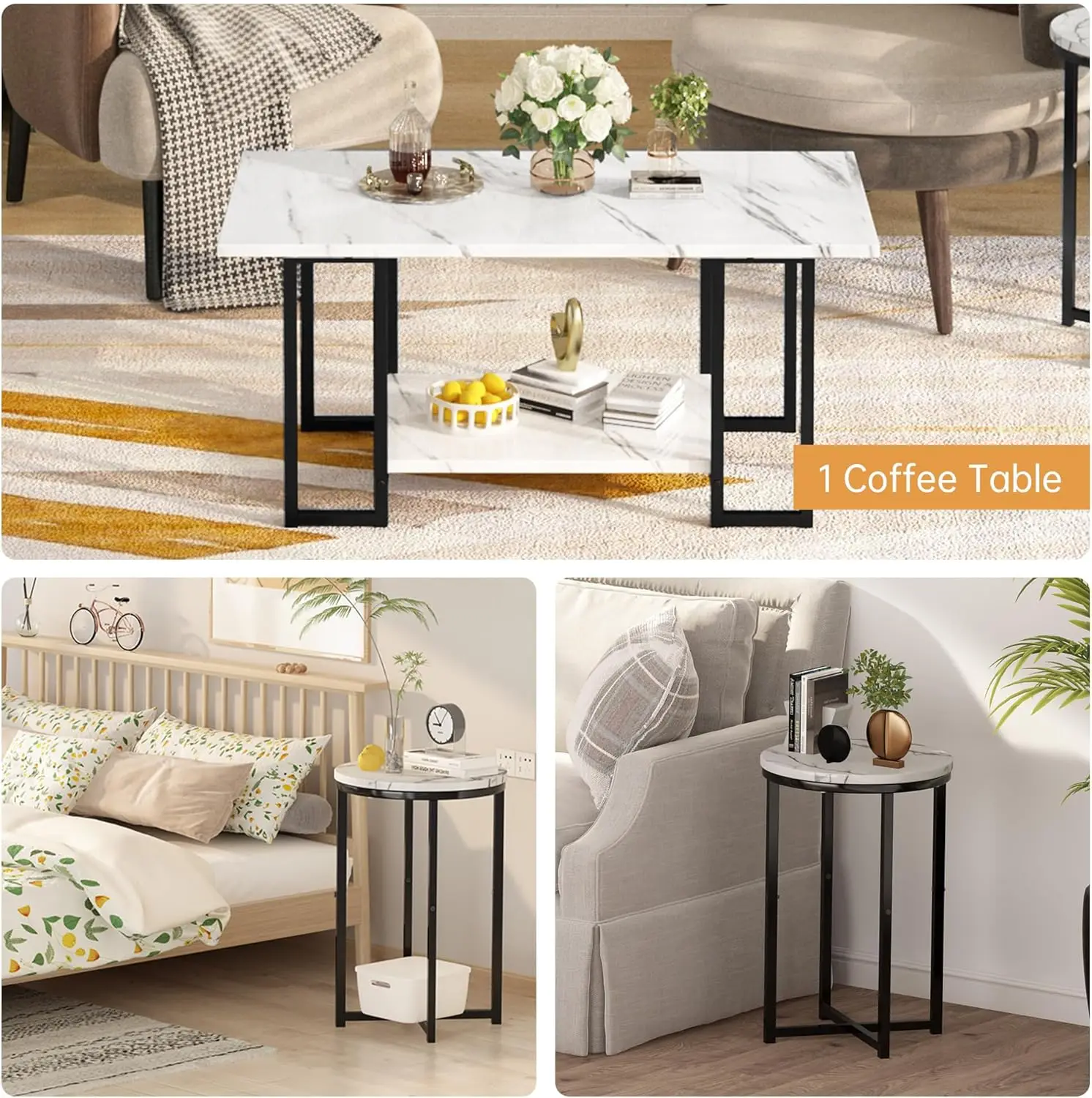 3 Pieces Living Room Table Set, Faux Marble Coffee Table with 2 Round End Side Tables, Coffee Table Set with Metal Frame 6