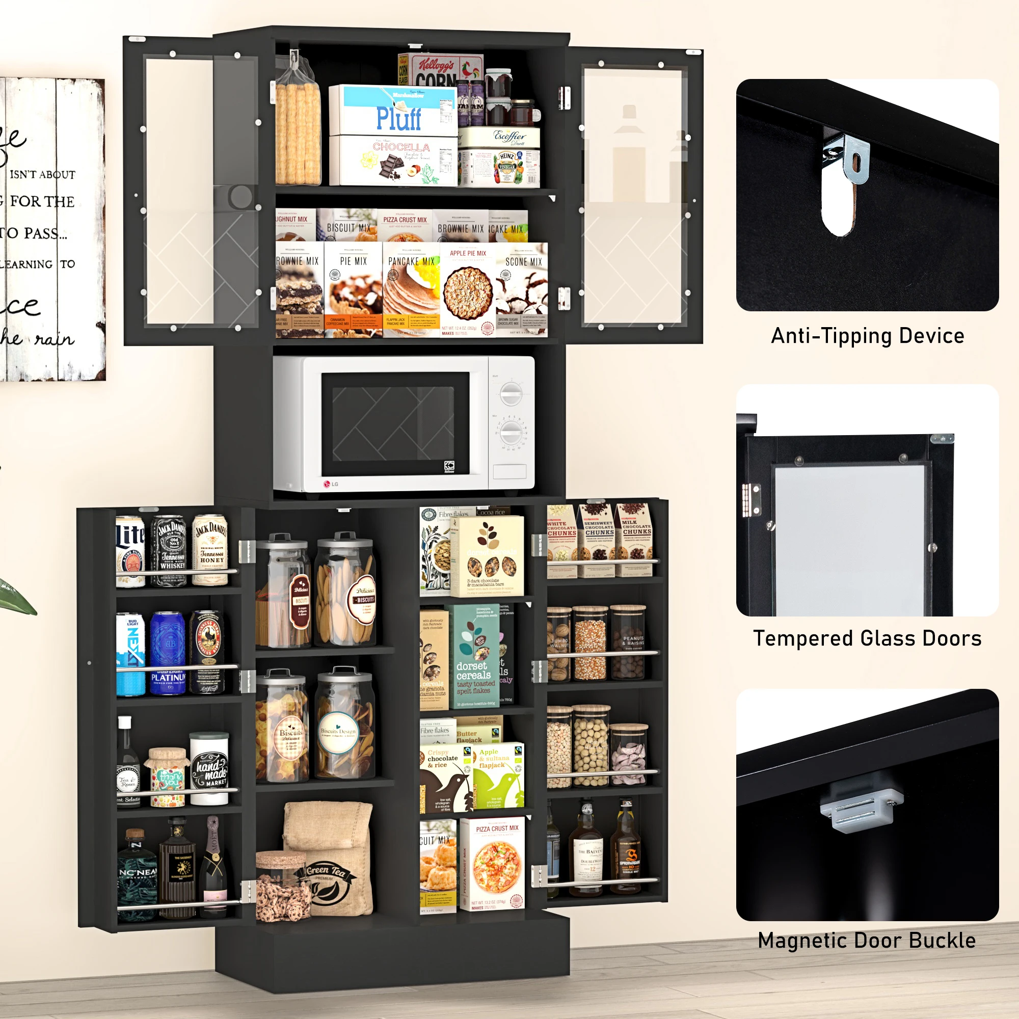 71" Tall Pantry Cabinet, Kitchen Pantry Storage Cabinet w/Glass Doors & Microwave Stand, Black Freestanding Hutch Cabinet