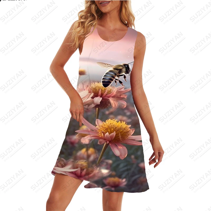 2023 Summer Simpling Dress Interessante Bee Picking Honey Printed Pattern Dress Casual Large Dress Women'S Harajuku Style Dress