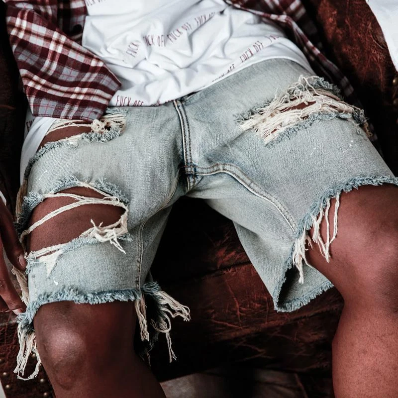 Spring Summer Fashion Denim Shorts Men Vintage Hollow Out Ripped Design Straight Jean Short Pant for Men Streetwear Trend
