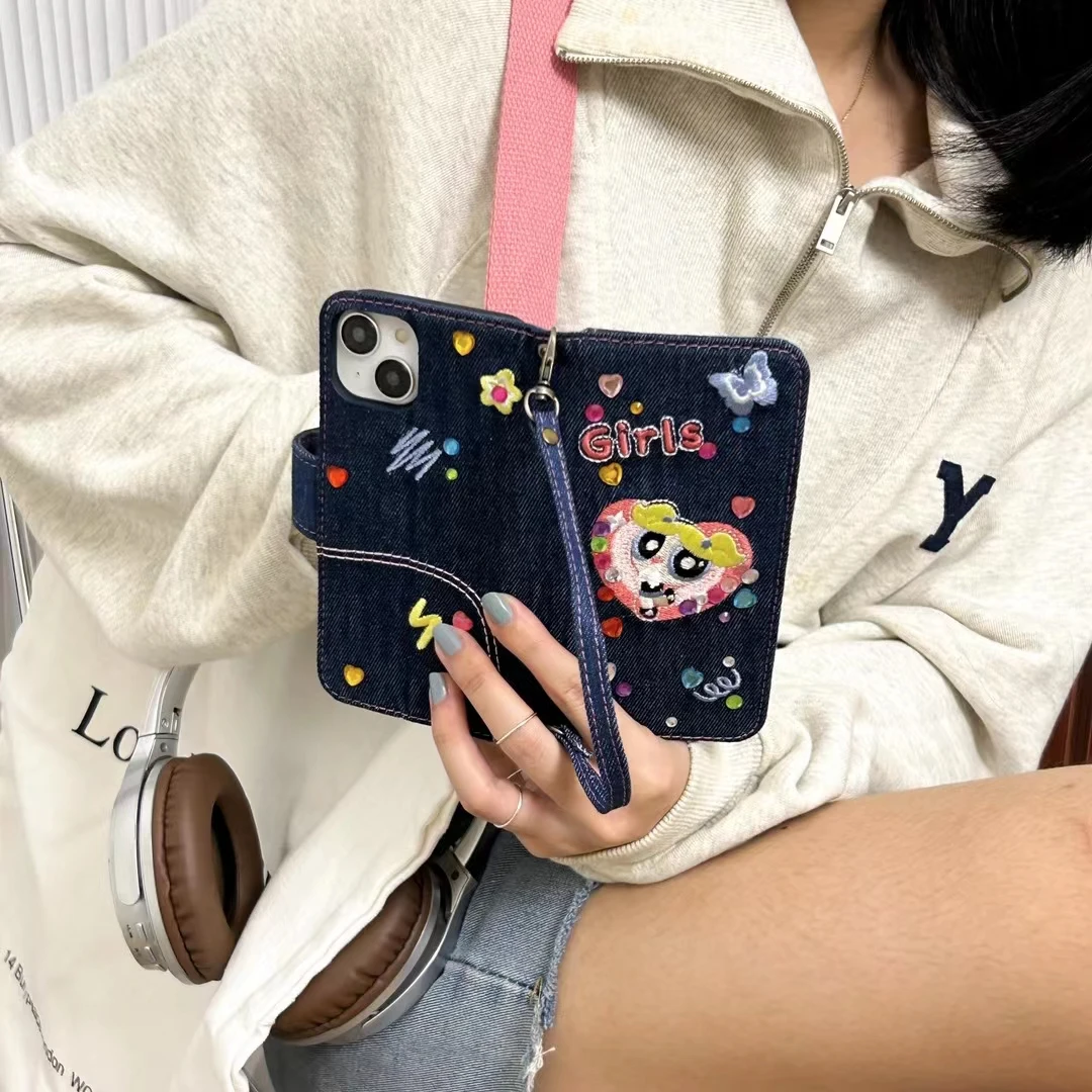 Fashion Denim Jeans Flip Case For iPhone 15 14 Pro Max 13 12