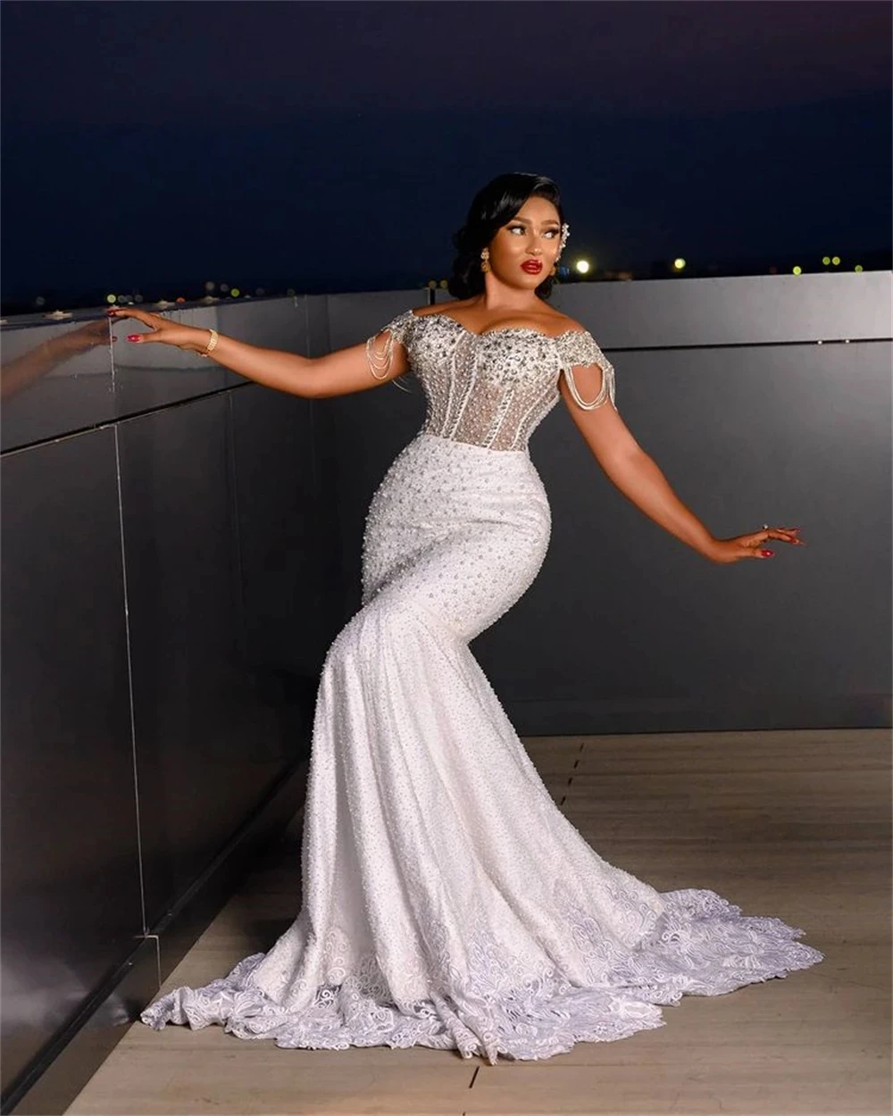 

Charming Sweetheart See Through Pearls Beads Mermaid Wedding Dress Sweep Train Robe De Mariée Off the Shoulder Bridal Gown