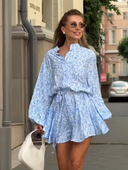 Mini abito elegante con stampa floreale per donna manica lunga scollo a V pieghettato vita alta abiti da sera da donna alla moda 2025 vacanze autunnali