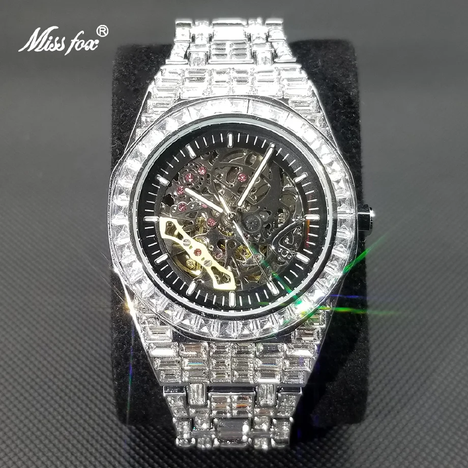 

New Ice Out Automatic Watch For Men Tourbillon Mechanical Jewelry Luxury Fully Moissanite Hollow Dial Male Watches Gift 2022