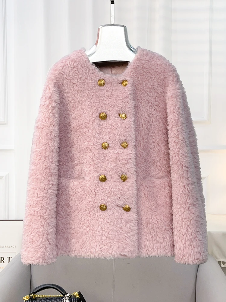 

Pink New Double Row Gold Button Particle Sheep Cut Fleece Leather and Wool Integrated Lamb Wool Coat Small stature fur coat