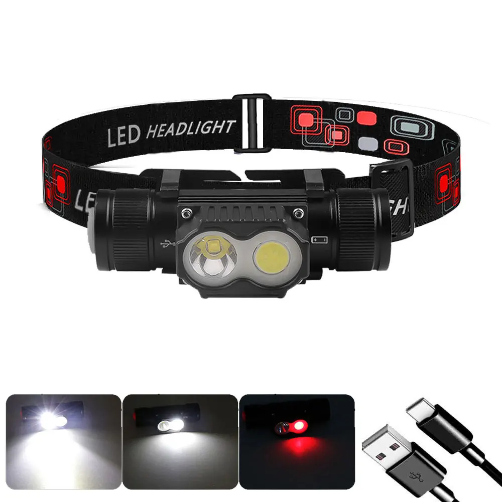 Type-C White Red LED headlamp Fishing 18650 headlight Torch Hunting head lamp Camping Headlamp Memory Function Flash light head