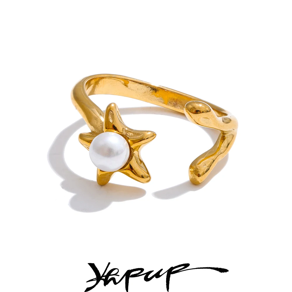 Yhpup Stainless Steel Simulated Pearl Flower Ring