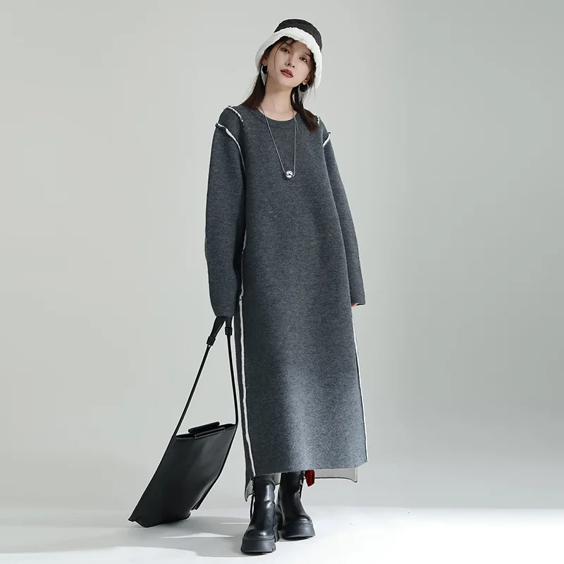 

Design Sense Handmade Bright Line Knit Dress Lazy Soft Sweater Dress Thickened Long Dress