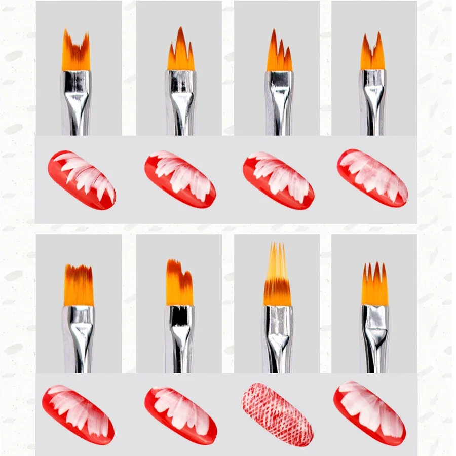 8 Stück Acryl Nagelpinsel Set – Mit Blütenblattmuster, Für Nageldesign, Farbverlauf, Halbmond-Malerei