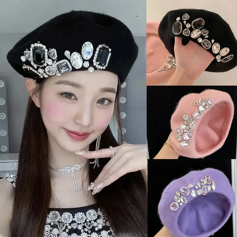 

Winter Fashion Rhinestones Wool Berets Women Painter Hat Warm Beanie French Artist Hats Versatile Lady Girls Beret Cap