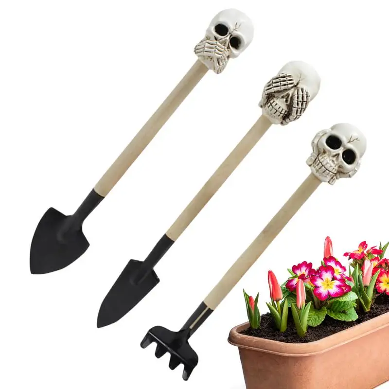 

Succulent Shovel Rake Set of 3 Gothic Skull Mini Rake Shovel Planting Cultivation Anti-Rust Tools with Wood Handles for Greens