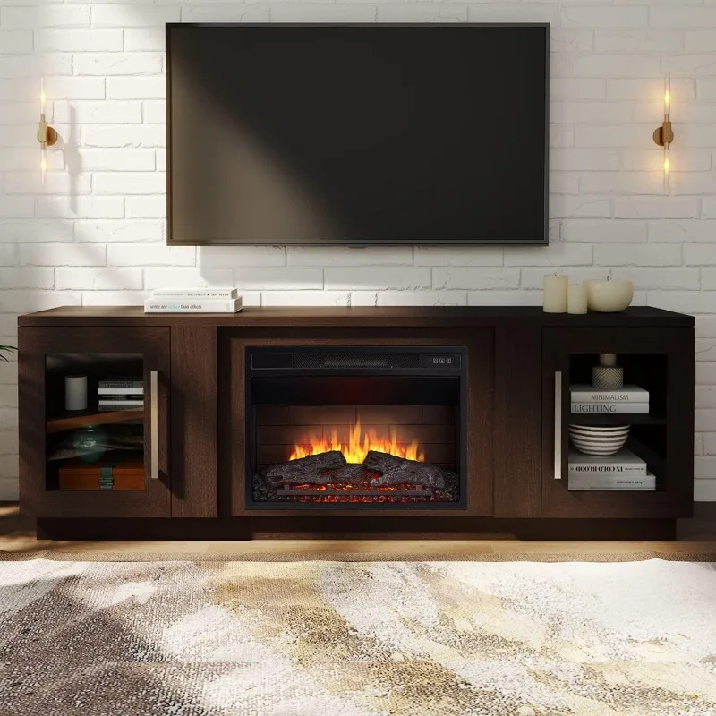 

3D Fireplace TV Stand for TVs up to 80’’, Wooden Media Entertainment Center Table & TV Cabinets w/Storage Shelves & Barn Door