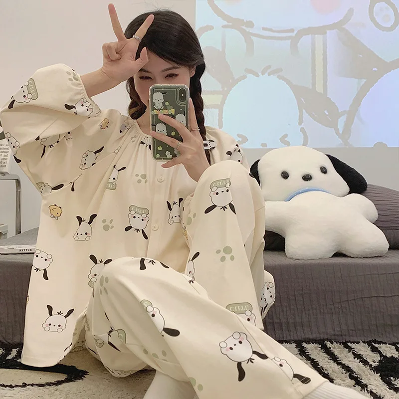 

Anime Sanrio Autumn New Pochacco Cotton Pajamas Suit Cardigan Long Sleeve Cartoon Wearable Large Size Home Clothes Girl Gift