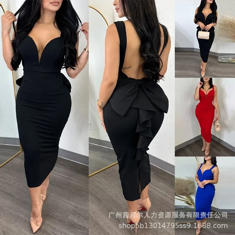 

2024 Summer New Women's Solid Color Backless Ruffles V-neck Patchwork Slim Fit Dress Casual
