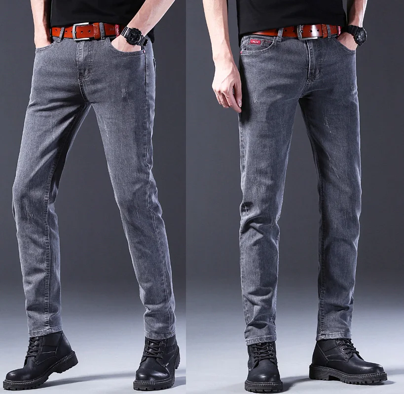 Men Comfortable Cotton Fashion European American Style Stretch Jeans Luxury Men's Denim Pants Slim Straight Grey Denim Pants 2