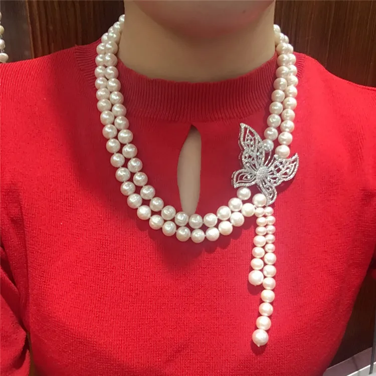 Hand knotted 8-9mm white natural freshwater pearl bow micro inlay zircon clasp tassel necklace fashion jewelry