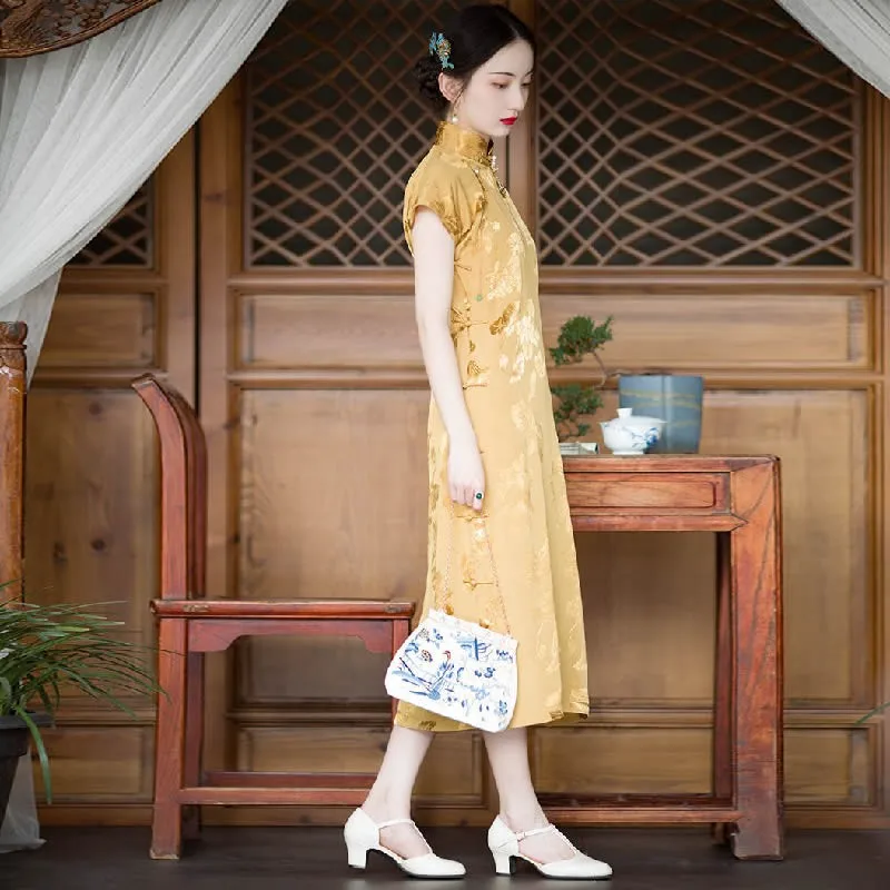 

Chinese Style Women Vintage Cheongsam Retro Flower Embroidery Qipao Elegant Loose Mid Length Dress Qipao Party Evening Dresses