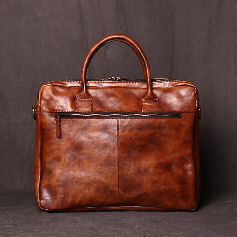 NZPJ Retro Handmade Top Layer Cowhide Leather Men's Handbag Vegetable Tanned Horizontal Computer Bag Zipper Briefcase