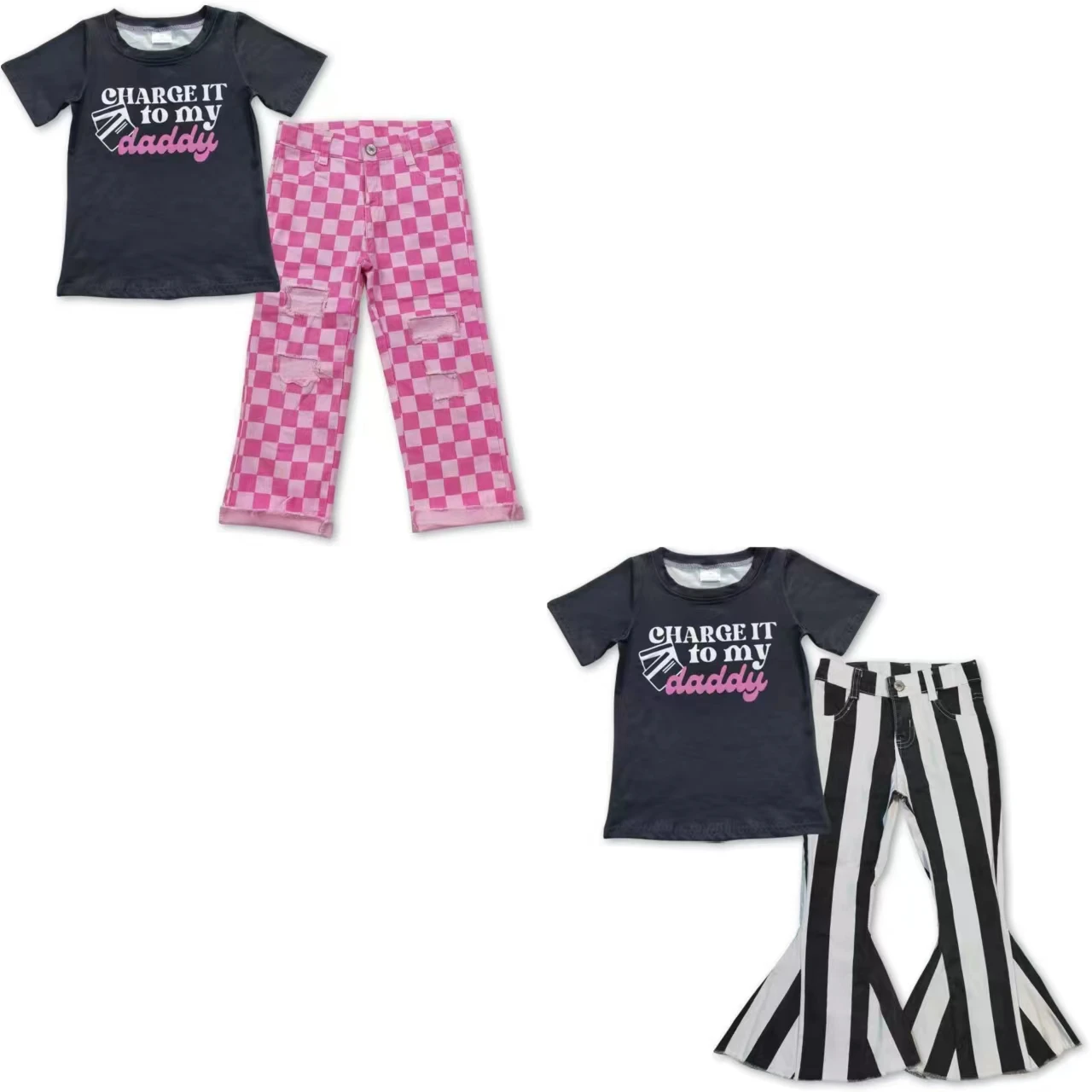 

Wholesale Baby Girl Jeans Set Children Toddler Short Sleeves Daddy Shirt Tee Stripes Plaid Denim Pants Kids Infant Outfit