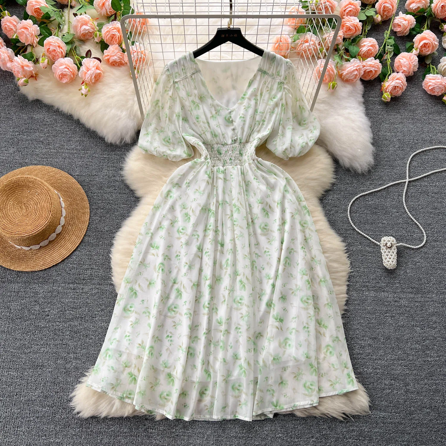 

Sexy Bodycon V Neck Short Puff Sleeve Dress Chic Elegant Vestidos Vintage Autumn Women Fashion A-line Dress