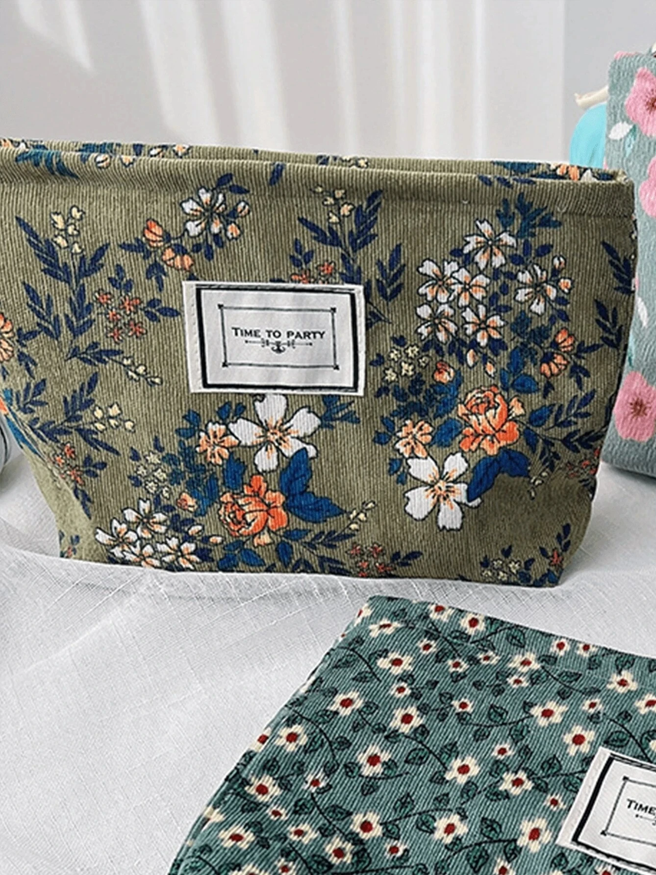 꽃 프린트 빈티지 패턴 코듀로이 메이크업 가방, 올리브 그린 지퍼 클로저 화장품 가방, 다기능 휴대용 파우치