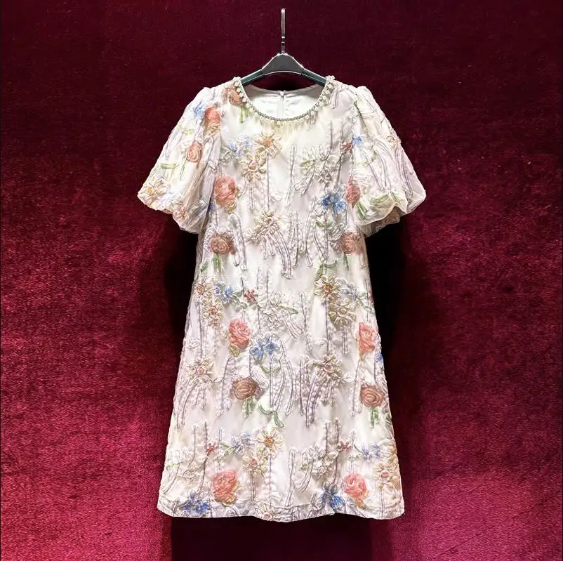 

European and American women's dress 2023 summer new style Short-sleeved beaded crew neck mesh flower print Fashion dress