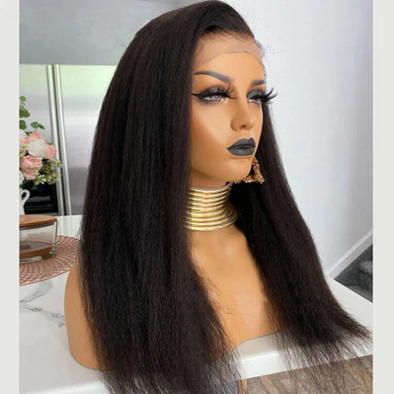 

Glueless Natural Black Yaki 26 inch 180 Density Kinky Straight Long Lace Front Wigs For African Women Babyhair PrePlucked Daily