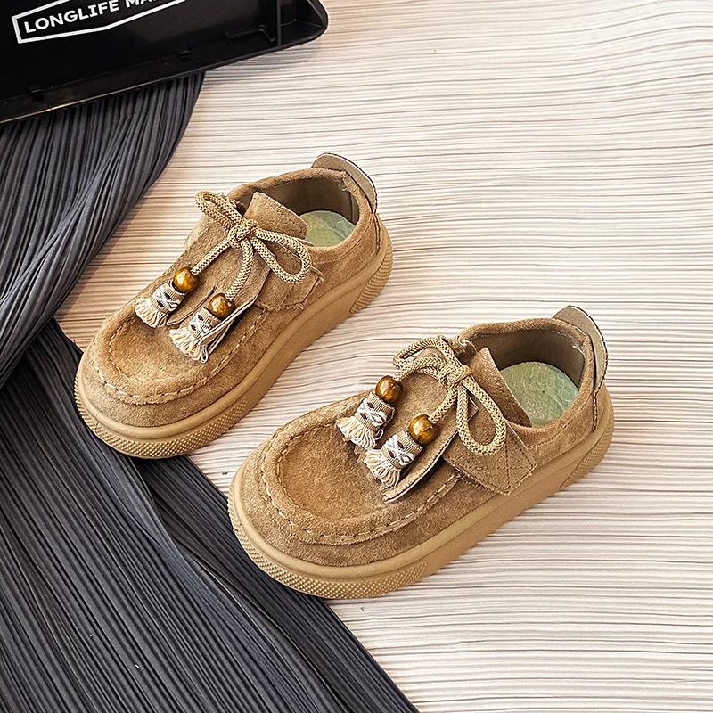 Kids Flat Shoes Round Toes Classic Children Casual Shoes with Simple Bows 2025 Autumn New Girls Leather Shoes Soft Sole Non-slip