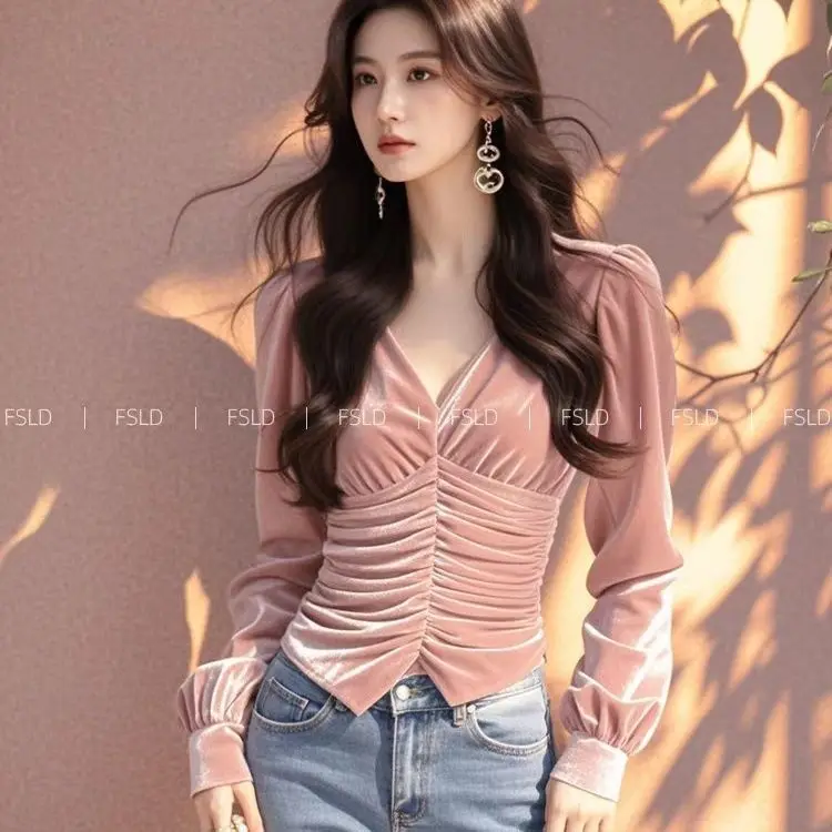 Velvet Long Sleeve T Shirt Women V Neck Casual Lady Tee Youth Elegant Luxury Top Basic Blouse Fashion New