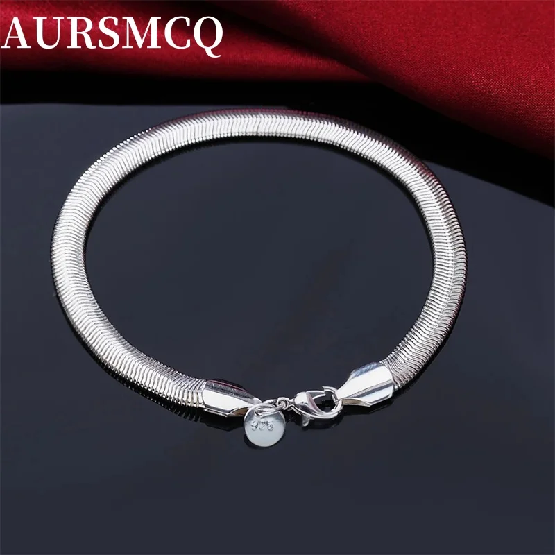 

AURSMCQ 925 sterling Silver bracelet 6MM chain Women Mens Jewelry fashion Flat snake 20cm Bracelets