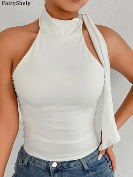 Fairyshely 2026 Sexy Summer Solid Sleeveless Off Shoulder Crop Top Women Tied Bodycon Tops Lady Backless Club Party Clothes